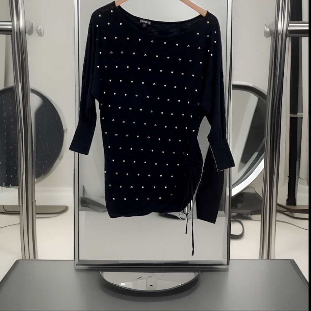 Express Knitted Ruched Side W/Drawstring Raglan Sleeve Round Neck Gold Studs Top